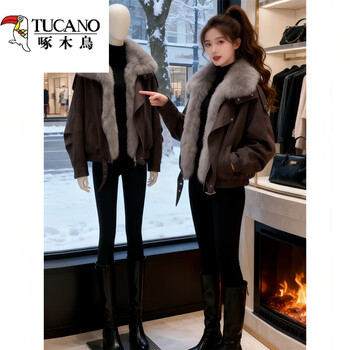 Woodpecker brown big fur collar pagoda down jacket women's 2025 new winter fur one-piece plush thick jacket brown color thin lightweight l (recommended 100kg-115kg)