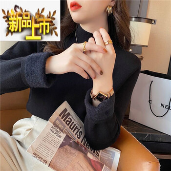 New thickened velvet sweater for women in autumn and winter, thickened half turtleneck bottoming shirt with integrated velvet warm knitted fashionable top, black s 80-95