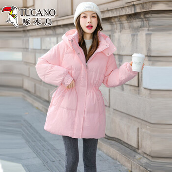 Woodpecker (tucano) waist down jacket winter women's 2026 new medium-length white duck down hooded small fashion thick coat pink 101 style m recommended 110-130 catties