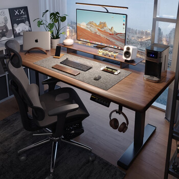 Nesel electric lift computer desk home bedroom solid wood lift table work table desk desk rubber wood third generation single motor walnut color 100*60cm package installation