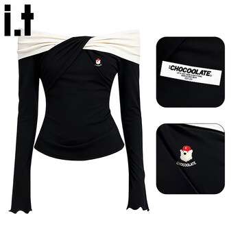 Chocoolate it women's contrast color one shoulder long sleeve t-shirt women's 2026 spring new design twist temperament top trendy black s