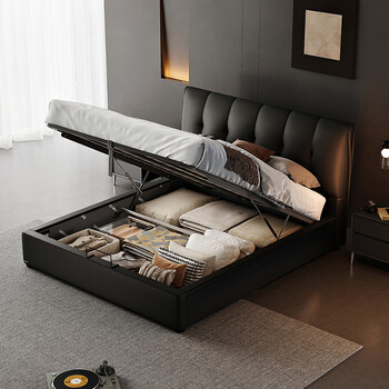 Lin's home upgraded raw coconut bedside cowhide master bedroom bed high box storage leather bed tpc621-b1 black brown storage bed + cd521a mattress + bedside table*1 (excluding bottom plate) 1.5*2.0