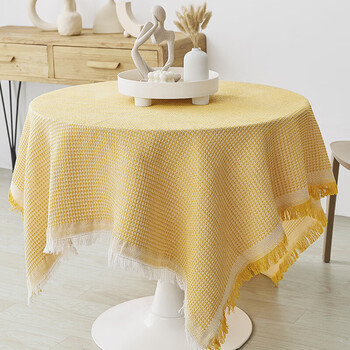 See (musong) round table tablecloth coffee table bedside table desk cloth french ins style japanese style cotton and linen white high-end light luxury cover cloth autumn yellow (thick style) 90-90 (bedside table/small square round table)