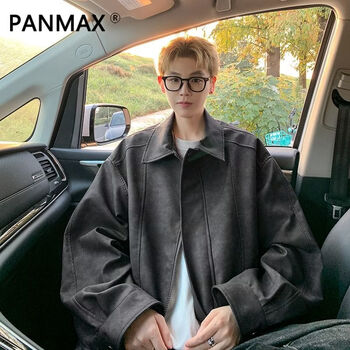 Panmax new leather jacket lapel jacket retro casual american loose slim men's handsome top jacket black m recommended 100-125 pounds