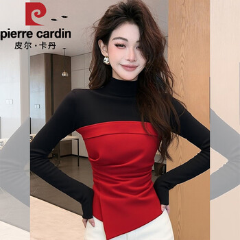 Pierre cardin french irregular red waisted bottoming shirt for women 2026 new design slim fit spliced long-sleeved top red spliced top m