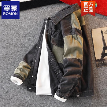 Romon spring and autumn denim jacket men's 2026 new high-end handsome fashion brand splicing work jacket top men's 1813 gray m