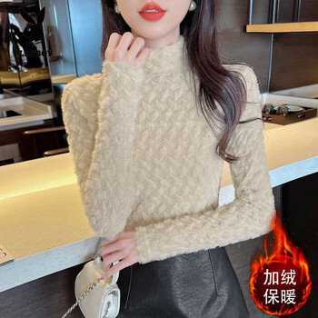 Playboy (playboy) 2025 autumn and winter velvet new versatile half turtleneck slim outer wear long-sleeved style brushed lace bottoming shirt khaki velvet all over super soft baby velvet m recommended 80-95 pounds