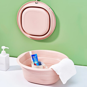 Home katei story japanese folding basin large, medium and small three-piece set travel folding basin plastic basin dormitory household student laundry basin folding basin lotus root pink medium size 32cm free hook