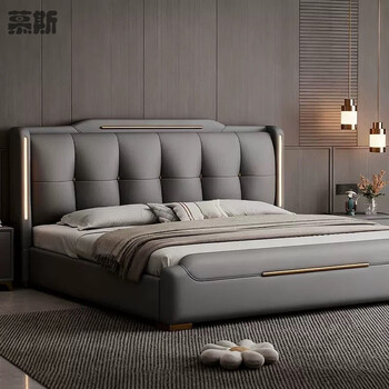 Mousse italian light luxury leather bed modern simple high-end grand master bedroom king bed 1.8 meters double bed soft bag storage wedding bed leather bed comfortable wear-resistant high-quality leather 1500mm*2000mm x frame structure