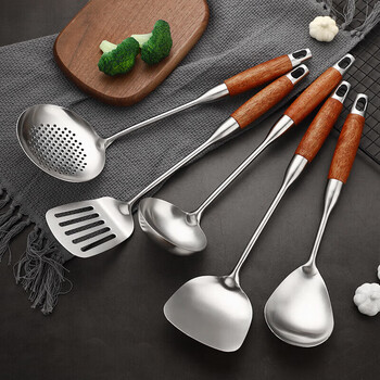 Tuojin kitchenware set 304 stainless steel rosewood cookware 5-piece set spatula full set household cooking spatula pot spatula + soup spoon + colander three-piece set