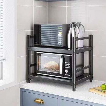 Fantasy carbon steel kitchen with fence storage rack countertop can be floor-standing multi-layer pot storage spice rack microwave storage rack thickened version length 80 width 30 carbon steel material height 60 two layers black fence version