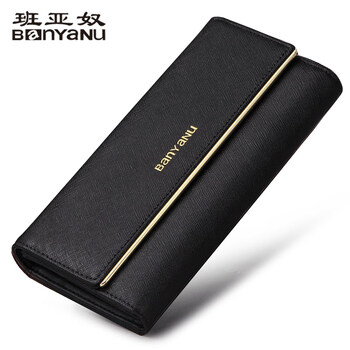Banyanu 2025 new fashion women's wallet women's long tri-fold genuine leather women's brand counter wallet thin black - anti-theft brush