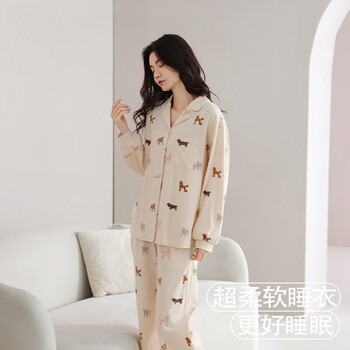 Modal pajamas for women 100% cotton spring and autumn long-sleeved home clothes 2026 new large size can be worn outside winter suit yellow puppy #567 100% high-quality cotton-can be worn in all seasons l height 160-165c, weight 100-120 pounds