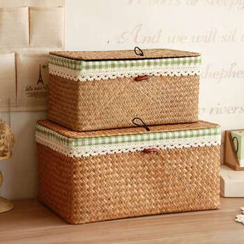 Yusenyi seaweed woven frame bamboo snack storage box with lid living room desktop rectangular storage basket storage basket built-in handle short medium size (36x26x12cm)