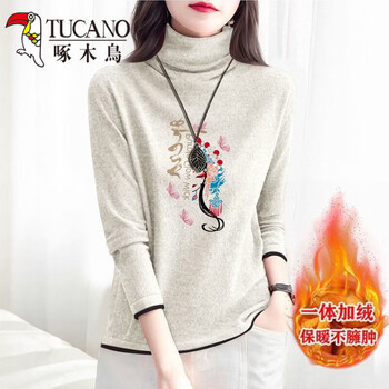 Woodpecker (tucano) winter velvet printed long-sleeved top for women, double-sided velvet turtleneck contrasting color bottoming shirt, new chinese style thickened t-shirt, apricot shadow puppet l, recommended 100-115 pounds