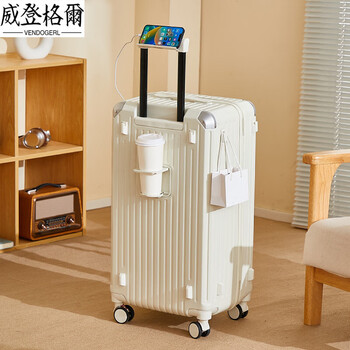 Vendogerl suitcase for women 2025 new 28-inch trolley case, sturdy and durable, thickened password travel leather case for men, large capacity, ice cream white, large capacity, 37-point zipper, 28-inch cup holder + charging port + hidden mobile phone holder