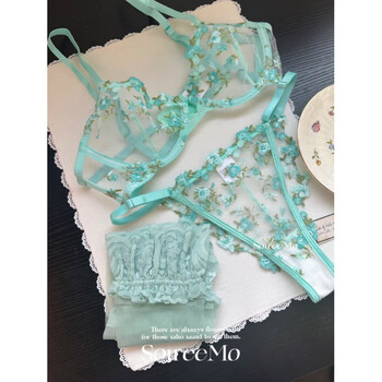 Triumph french floral embroidery lace mesh sheer bra set sexy royal charm red and black sweet underwear green single underwear + panties xl (38/85abc)