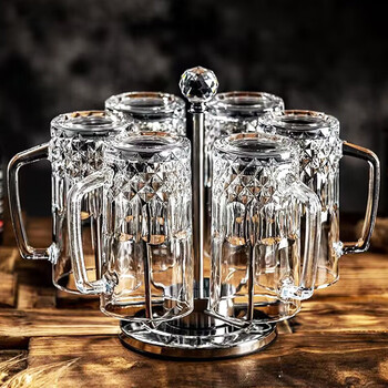 Yusenyi beer cup set light luxury high-end glass drinking cup with handle commercial 500ml draft beer cup household large capacity reinforced crystal + high temperature resistance 6-pack diamond cup