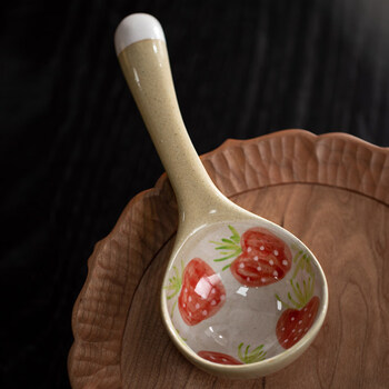 Japanese-style cute long-handled soup spoon large jingdezhen ceramic stoneware handmade spoon spoon porridge spoon household soup porridge strawberry spoon