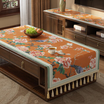 He jiagong new chinese coffee table tablecloth light luxurious rectangular table cloth dinner counter cloth tv cabinet dust cover cloth spring 80*200cm including tassel size spring breeze silent double b tassel rice chenille