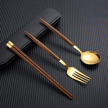 Tuojin imported quality portable tableware wooden chopsticks and spoons set from japan, student tableware single chopsticks and spoons two-piece set, golden top lucky chopsticks + golden fork and spoon + box