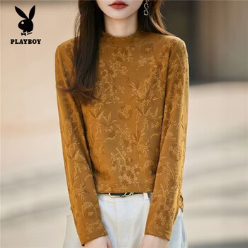 Playboy (playboy) half turtleneck long-sleeved heavy-duty bottoming shirt autumn jacquard bottoming foreign style new knitted loose temperament versatile top gilt gold 5xl 150-160