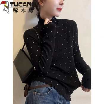 Woodpecker (tucano) plus size fat m girl, western style warm fungus edge polka dot t-shirt bottoming shirt for women in autumn and winter, long-sleeved half-high collar top, black 3xl, recommended 160-180 pounds