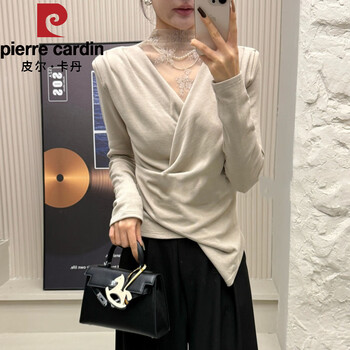 Pierre cardin half-high collar lace splicing irregular long-sleeved t-shirt women's autumn and winter 2025 new brushed bottoming shirt waist top beige color m recommended 96-106 pounds