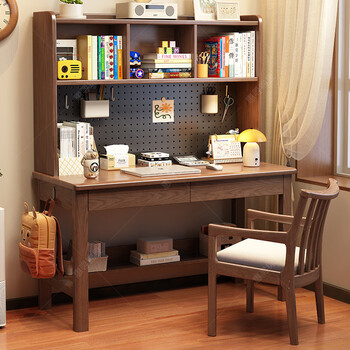 Huixun solid wood desk bookshelf integrated table modern simple hole board computer desk student home study desk writing desk fas grade rubber wood without veneer walnut color #desk + bookshelf 100cm*60cm*80cm total height 160cm