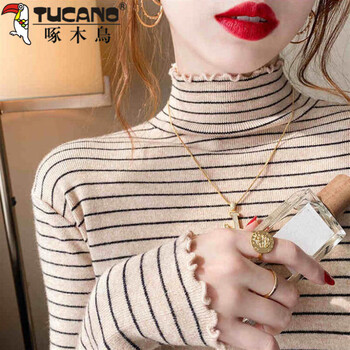 Woodpecker (tucano) striped half turtle collar wooden ear bottoming shirt women's autumn and winter 2026 new large size inner sweater knitted top apricot m 100-110 jin