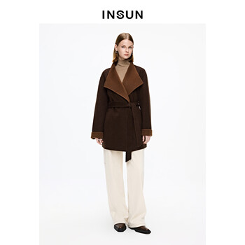 Insun merino wool enshang winter large lapel belted cashmere wool short jacket dark coffee xl
