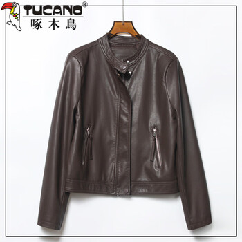 Woodpecker (tucano) spring new 2026 leather jacket women's short korean style slim stand collar motorcycle washed soft leather jacket top brown m