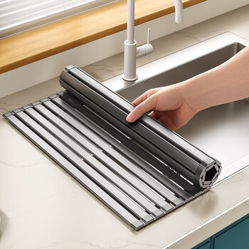 Pupan drain rack kitchen sink storage rack wash basin dish storage basket folding roller blind drain mat rectangular special folding storage milk white + 6 rods 35cm