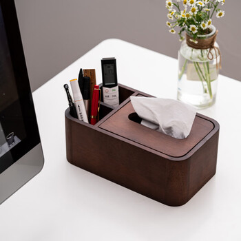 Wusheng high-end solid wood multi-functional desktop tissue storage box for home chinese-style living room remote control paper box study pen holder walnut storage tissue box-rounded corners