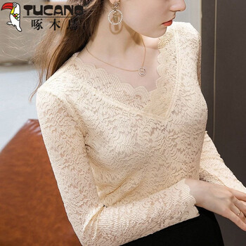 Woodpecker (tucano) velvet lace bottoming shirt for women 2026 autumn and winter new style inner long-sleeved fashionable wavy edge slimming top apricot s 80-95 catties