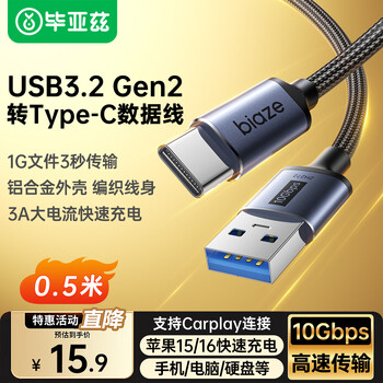 Biaz usb3.2 to type-c data transmission cable carplay cable 10gbps 3a fast charging suitable for iphone15 huawei and xiaomi mobile phones 0.5 meters