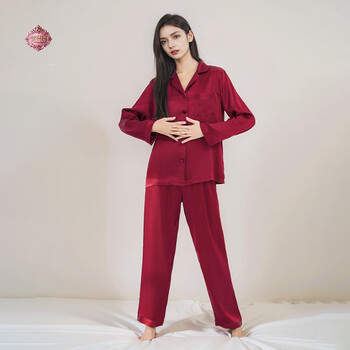 Victoria palace silk pajamas for women 100% mulberry silk solid color simple and comfortable long-sleeved trousers two-piece home wear set burgundy m (85-105 pounds)