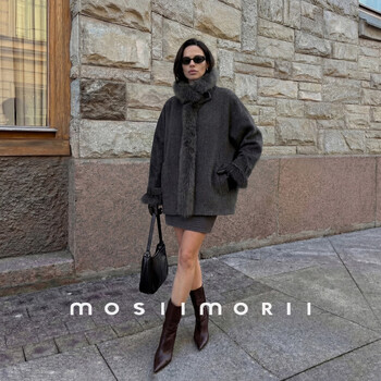 Mosiimorii greenwich autumn and winter stand collar fox fur small fragrant wind warm small women's short wool jacket coat sea mist gray s recommended 160-168