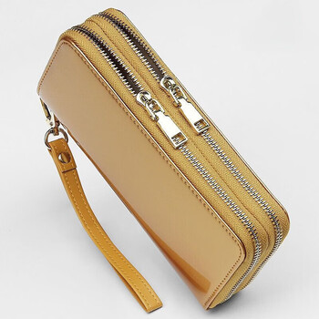 Kangaroo genuine leather clutch bag, women's handbag, patent leather wallet, women's long large-capacity cowhide wallet, simple and elegant mobile phone bag, rich gold--double zipper, bright leather and clean surface