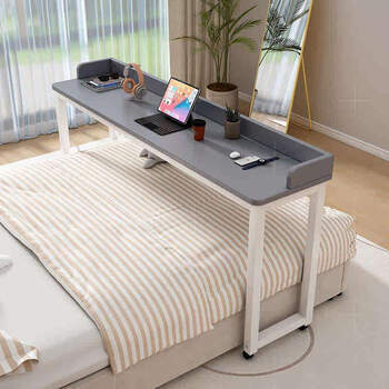 Yusenyi computer desk movable desk desk lazy computer desk home small apartment cross-bed desk student desk long table movable three-sided anti-fall baffle gray white frame 130x40x80cm