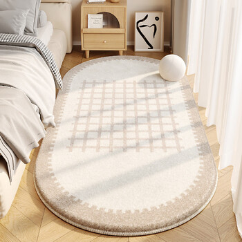 Sanqihu light luxury cream style bedroom carpet master bedroom room premium bedside rug b&b floor mat bed front foot mat machine washable square knot oval 60x180 (easy to scrub and easy to take care of)