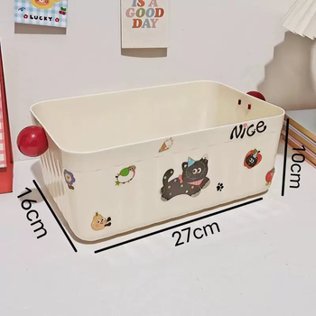 Yusenyi cream style desktop storage box high-looking household student dormitory snacks, stationery, cosmetics and miscellaneous storage basket milk white-apple cat sticker-round ball milk white-apple cat sticker-round ball