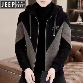 Jeep jeep high-end men's hooded jacket autumn and winter new thickened warm large size jacket men's color matching casual top black plus velvet 2xl recommended 145-165 pounds