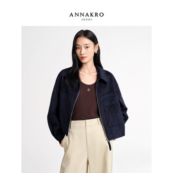Jiuzi annako retro low-key motorcycle style imitation suede lapel off-shoulder jacket for women 2026 spring new style zhangqing xl