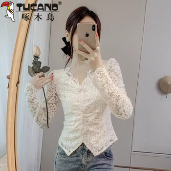 Woodpecker (tucano) velvet lace bottoming shirt for women autumn and winter 2026 new slim v-neck pleated temperament small shirt with long-sleeved top, apricot 2xl 125-140 pounds