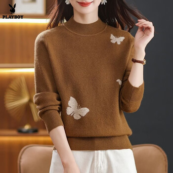 Playboy (playboy) 2026 new high collar bottoming fashion autumn and winter thickened loose sweater fashionable mother knitted sweater top official flagship camel color 3xl recommended 130-150 pounds
