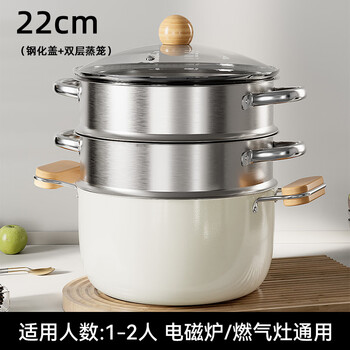 Tuojin steamer with steamer double-layer titanium ceramic double-ear soup pot non-stick pot household stew pot instant noodle pot electromagnetic gas universal ivory white 22 titanium crystal porcelain soup pot + tempered lid + double-layer stainless steel steamer 22cm