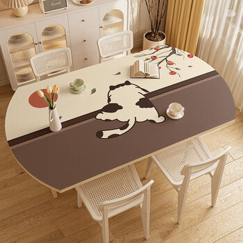 Fantasy and cute cartoon oval tablecloth, high-end folding round table mat, waterproof and oil-proof, scrubbable leather dining table mat, fm wall-climbing cat, double-sided leather 90x150cm (oval sides fan-shaped)