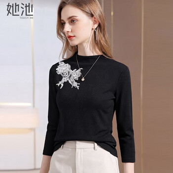 She pool half turtleneck slim slimming bottoming shirt women's 2026 spring new contrast color lace embroidered top
