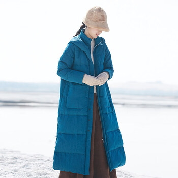 Jixiang yuer zhuguang jixiang yuer original winter all-match duck down warm cotton and linen hooded long down jacket for women galaxy blue m